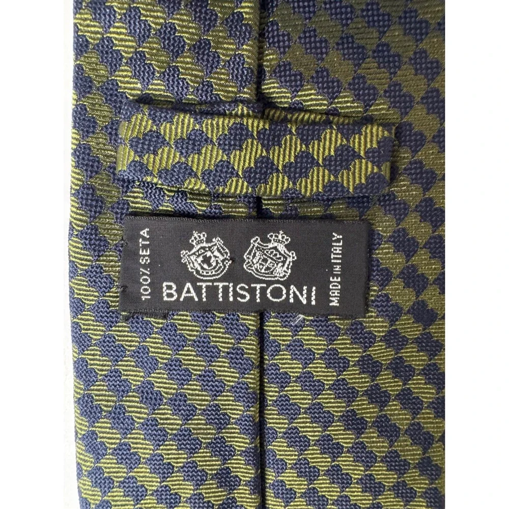 Battistoni Roma Mens Silk Tie Olive Green Navy Blue Geometric Checkerboard Italy